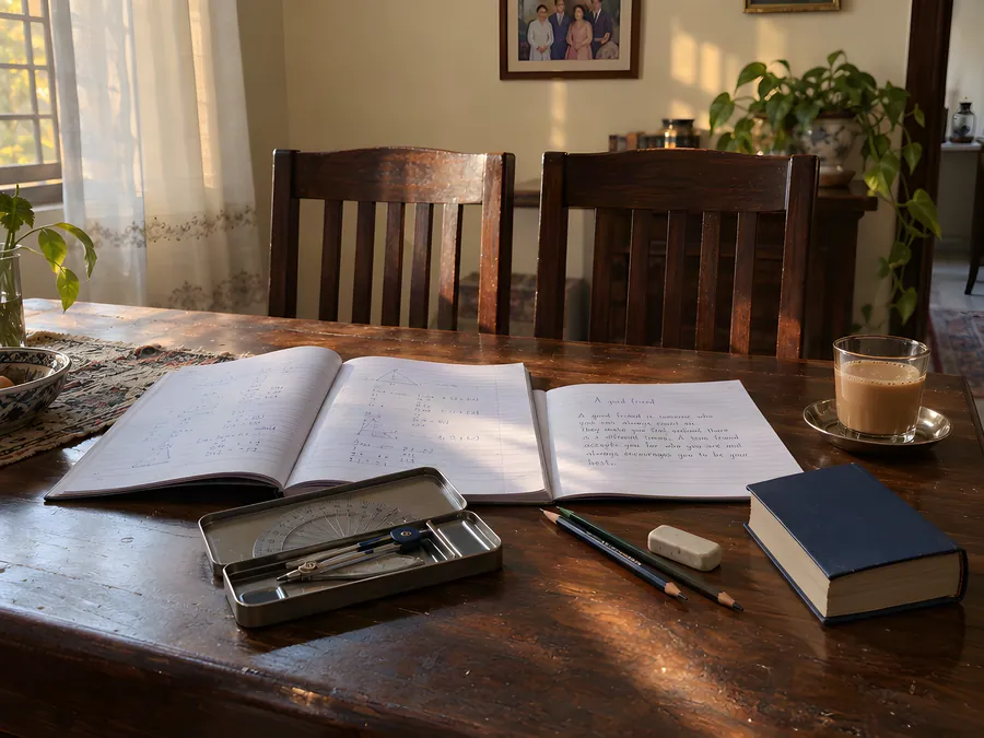A dining table set for a lesson: open notebooks, a geometry box, pencils, a dictionary and a cup of chai in afternoon light